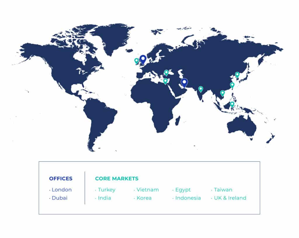 Map with office locations and core markets worldwide.